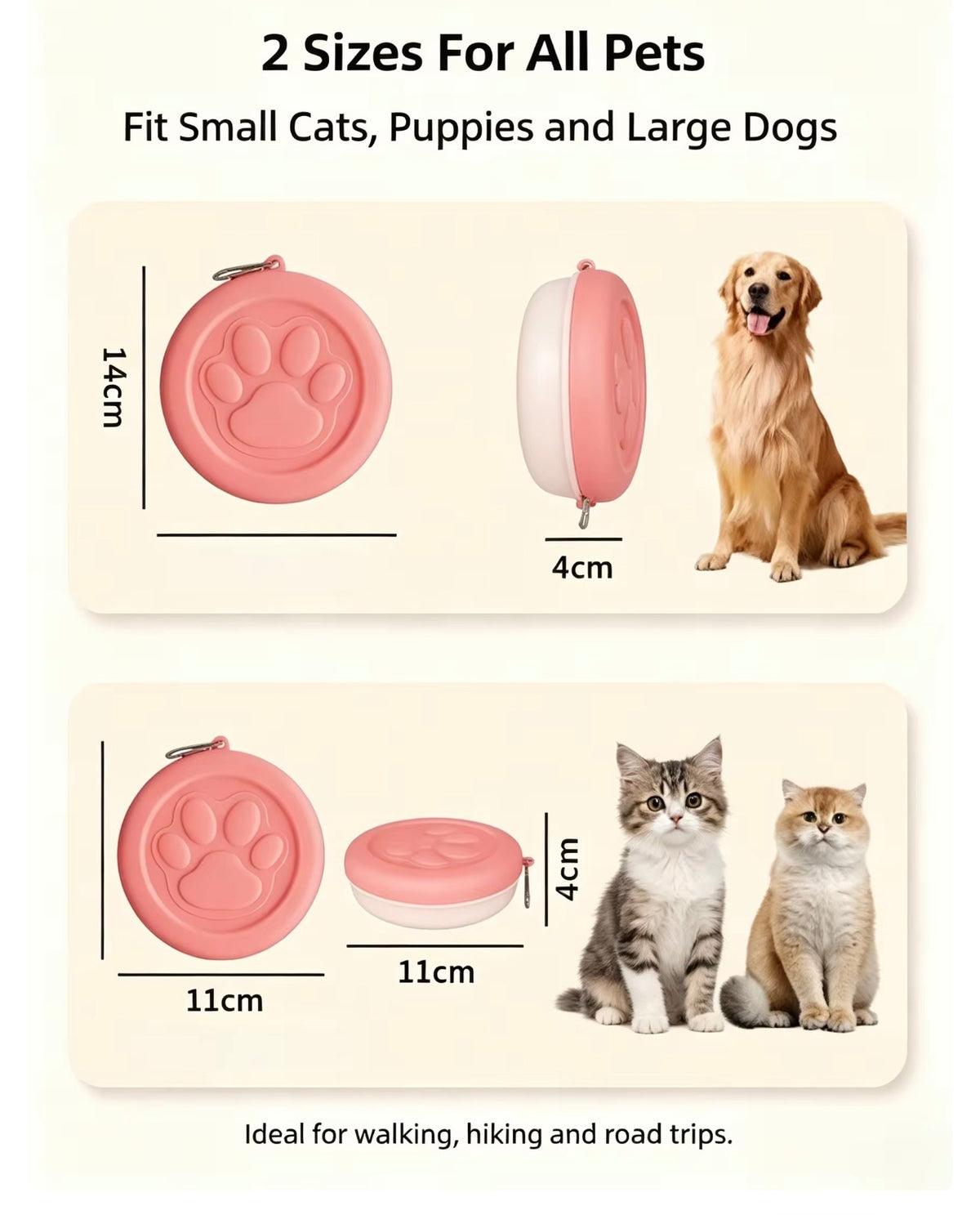 Paw-Go Portable Pet Food & Treat Container size guide showing Small 11cm and Large 14cm options, both 4cm high