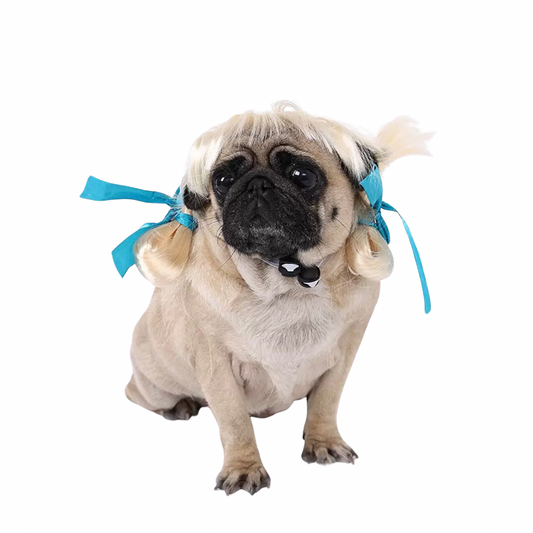 Blue Ribbon & Pigtails Wig for Dogs - Blonde Costume Wig