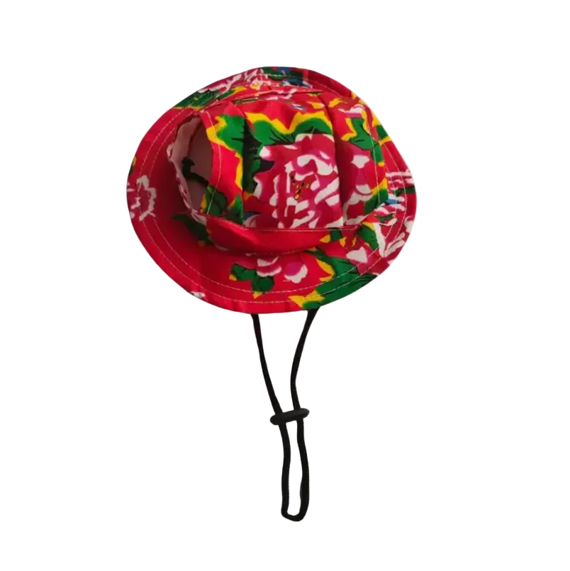 Red Tropical Floral Bucket Hat for Cats featuring vibrant flowers and a comfortable bucket-style fit.
