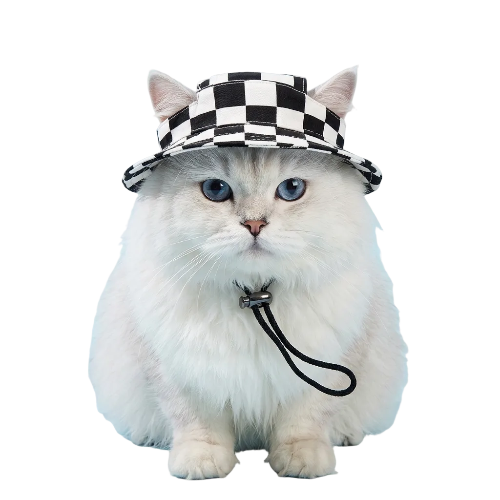 Checkered Bucket Hat for Cats - Black and White print on a fluffy cat with blue eyes.