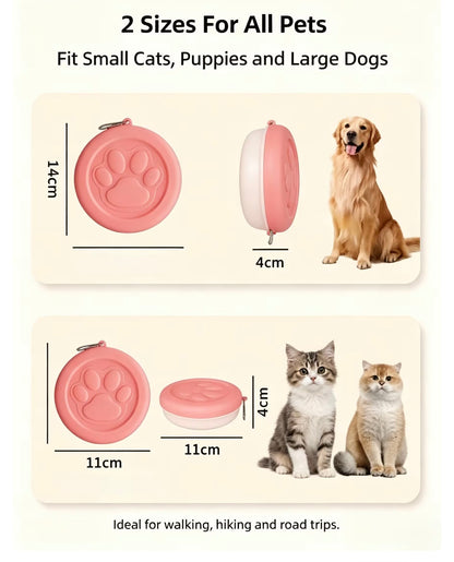 Paw-Go Portable Pet Food & Treat Container size guide showing Small 11cm and Large 14cm options, both 4cm high