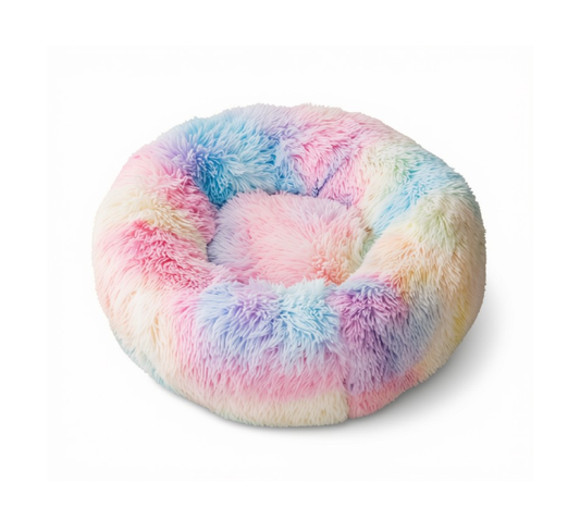 Rainbow Fluffy Donut Pet Bed - Ultra Soft Calming Bed in pastel colors with fluffy texture for pet comfort.
